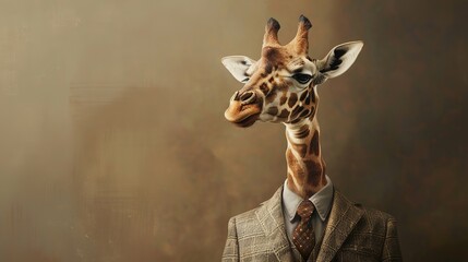 Wall Mural - Giraffe dressed in an elegant suit with a nice tie, confident and classy. Fashion portrait of an anthropomorphic animal posing with a charismatic human attitude