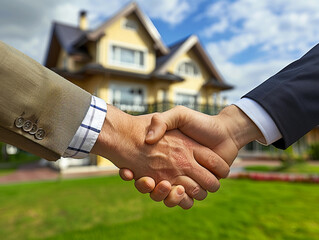 Two People Shaking Hands in Front of a Suburban Home on a Sunny Day