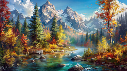 Wall Mural - A painting of a serene landscape, with a river flowing through a dense forest, vibrant autumn colors