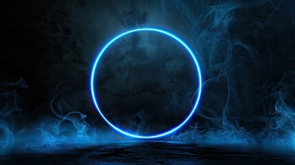 Wall Mural - Neon blue circle with futuristic smoke on dark background, mockup for your logo