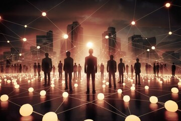 Businesspeople Silhouettes and Glowing Network Connections in Futuristic Cityscape.