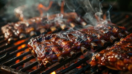 Wall Mural - Tasty pork ribs grilling on hot coals, smoke swirling around the meat