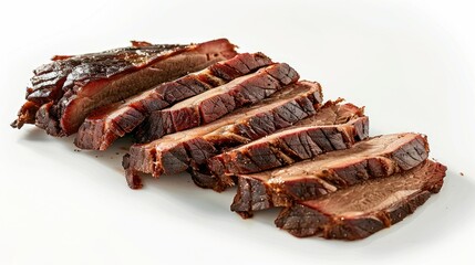 Wall Mural - Tender smoked pork brisket, sliced and displayed on white background