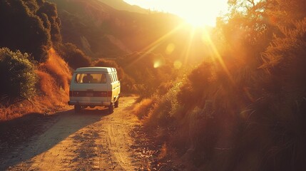 Poster - A van traveling at sunset in nature on a canyon path for a road trip to adventure and freedom