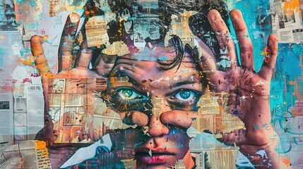 Wall Mural - A young man with hands and eyes wide open, symbolic graffiti for seeing the truth, awareness and awakening, collage of multicolored grunge newspapers, urban graphic artwork, street art, mixed media