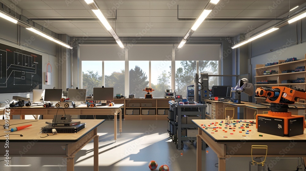 High school lab room with a robotics corner, equipped with kits ...