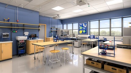 high school lab room with a robotics corner, equipped with kits, programming stations, and space for