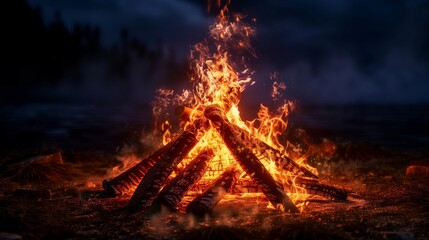 Poster - An Outdoor Campfire with Glowing Flames and Burning Logs on a Night Sky Background