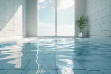 Poster - A pristine indoor pool with an expansive floor-to-ceiling window showcasing a picturesque view of the bright blue sky, complemented by a neatly placed potted plant nearby.
