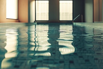 Aufkleber - A cozy indoor pool area with dim lighting and multiple small windows, casting subtle light reflections on the water, creating a calm and intimate atmosphere.