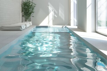 Aufkleber - A bright and inviting indoor pool area with sunlight streaming through large windows, illuminating the pristine water and minimalist decor, creating a refreshing ambiance.
