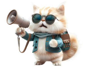 cute cartoon cat in casual clothes and backpack and wear sunglasses hold megaphone isolated transparent background