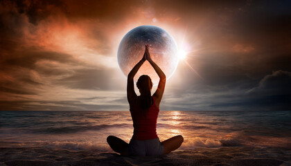 Woman Doing Yoga Fitness In The Beach At Solar Eclipse