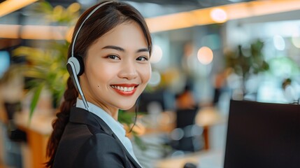 Wall Mural - An attractive Asian businesswoman in a suit and headset smiles while working on a computer in the office. She serves as a customer service assistant using a VOIP helpdesk headset.