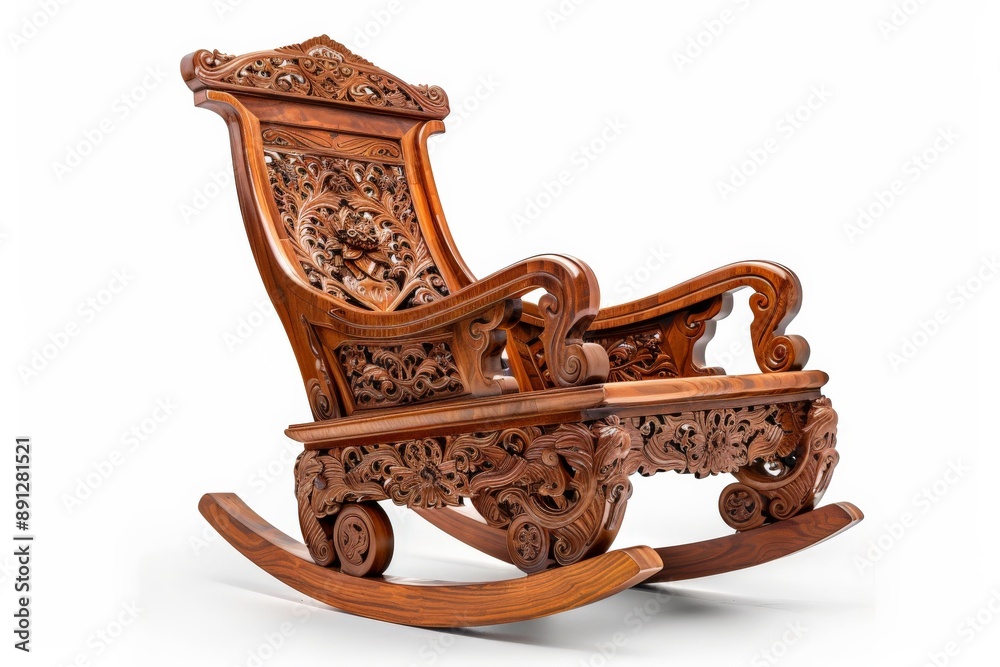 This vintage-style wooden rocking chair features intricate carvings and ...