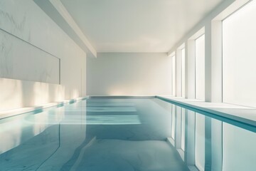 Poster - A refined minimalist indoor pool scene, highlighted by clean lines and bathed in soft sunlight reflections, exemplifying modern architecture and serene relaxation within an elegant, bright space.