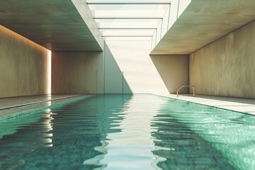 Aufkleber - This image shows an indoor pool with sunlit concrete walls and a skylight, illustrating a harmonious blend of natural and industrial design elements in a serene setting.