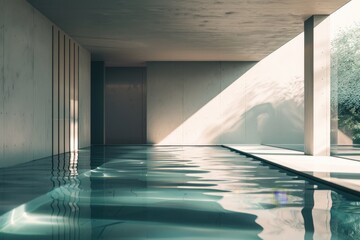 Aufkleber - This image features a modern indoor pool bathed in natural light creating beautiful reflections on the water. The design includes simple, clean lines in a tranquil setting.