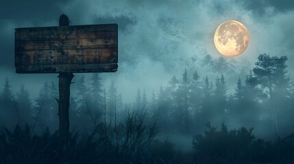 Canvas Print - Wooden Sign In Front of Moonlight Forest.