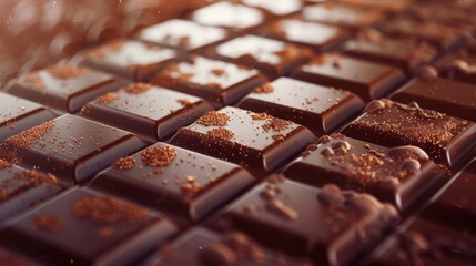 Poster - Chocolate bars with rich textures and broken pieces on a smooth surface. Gourmet food background for desserts.
