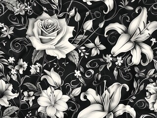 An elegant t-shirt design with a black and white floral pattern featuring roses lilies and vines intricately intertwined. The design is classic and sophisticated.