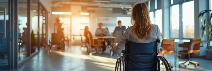 Aufkleber - Woman in a wheelchair in a modern office environment with colleagues in the background. Highlights workplace inclusion and accessibility.