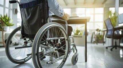 Aufkleber - Person in a wheelchair working at a desk in a bright, modern office. Employment and accessibility for disabled individuals.