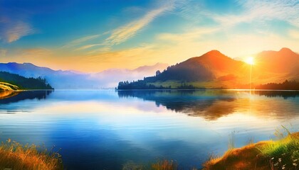 Wall Mural - view of lake at the morning with mountain background