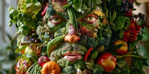 A face made of vegetables and fruits arranged in a circle. AI.