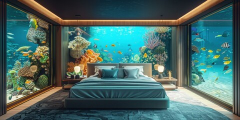 Poster - A bedroom with a bed and aquariums in the background. AI.