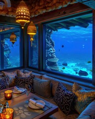 Wall Mural - A restaurant with a large aquarium in the background. AI.