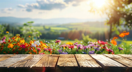 Wall Mural - a charming wooden table set before a blurred view of a vibrant summer landscape with colorful flowers and bright sunlight, ideal for vacation, relaxation, and travel themes, summer