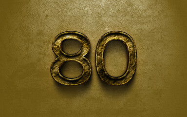 Wall Mural - 3D dark golden number design of 80 on cracked golden background.