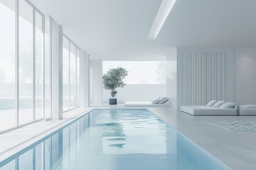 Modern minimalist white home interior with indoor swimming pool