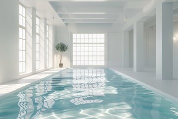 Aufkleber - Modern white minimalist indoor swimming pool with large windows and olive tree