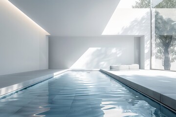 Poster - Modern minimalist white home interior with swimming pool and sunlight