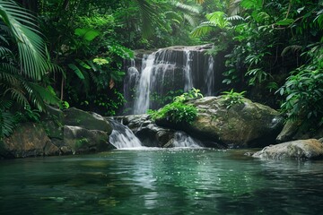 Poster - Waterfall cascading into a rocky pool in a tropical rainforest