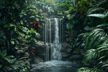 Poster - Waterfall cascading through lush tropical jungle paradise