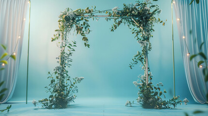 Ornate greenery wedding arch with hanging vines on blue backgrou