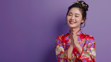 a dynamic Asian housewife showcasing several best gestures and poses with greetings, against a purple background that signifies creativity and pride. 