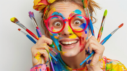 A photo of a cheerful woman artist playfully holding paintbrushes to her face, bright and colorful attire, straight-on view, white background