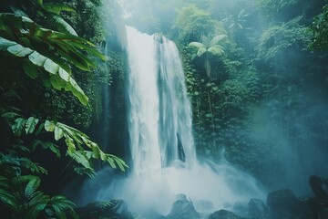 Poster - Waterfall cascading down mossy rocks in tropical rainforest