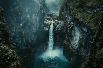 Poster - Powerful waterfall cascading into a mountain river gorge