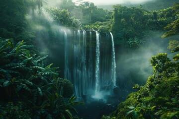 Poster - Majestic waterfall cascading down lush cliff in tropical rainforest