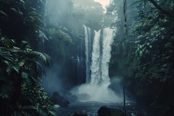 Poster - Powerful waterfall cascading down lush cliff in tropical rainforest
