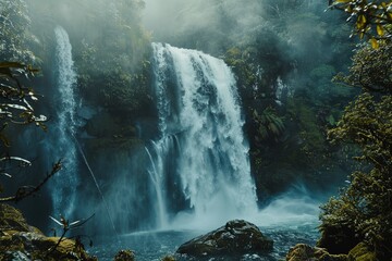Poster - Powerful waterfall cascading down lush green cliff in misty forest