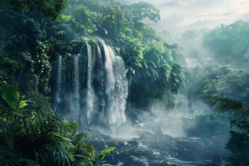 Poster - Waterfall cascading down lush green cliff in tropical rainforest
