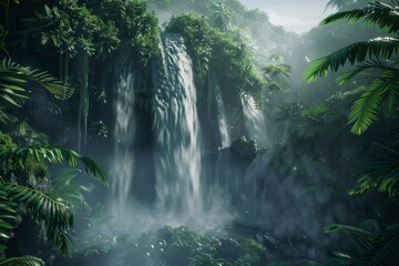 Poster - Waterfall cascading down lush cliff in tropical rainforest