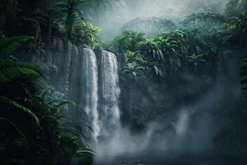 Poster - Beautiful waterfall cascading down lush cliff in tropical rainforest