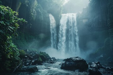 Poster - Powerful waterfall cascading down lush cliff in tropical rainforest